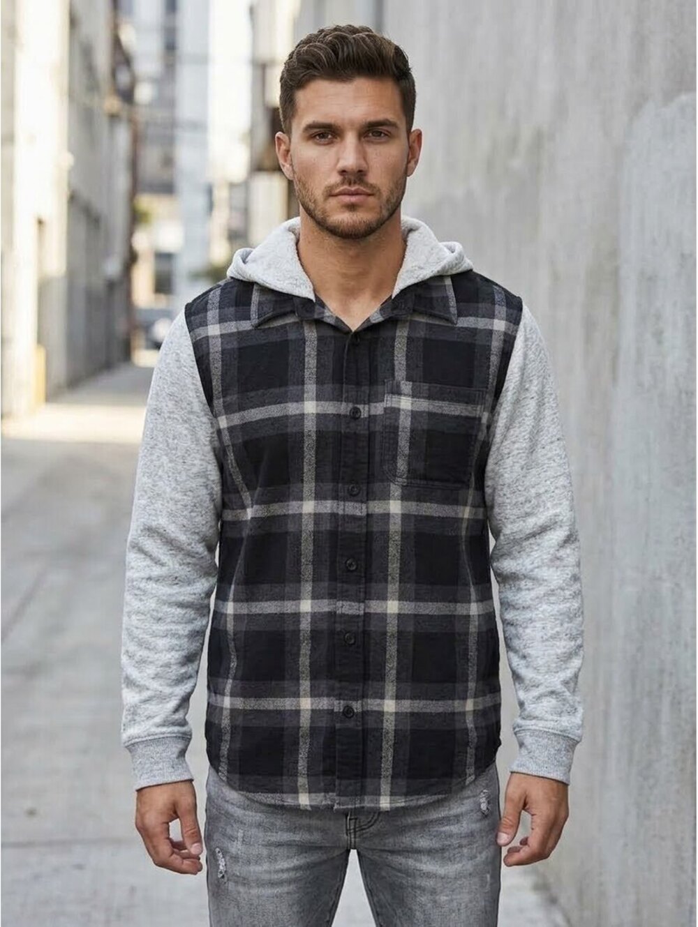 Hollister Men's XL Hooded Flannel Shirt Jacket Black Gray Plaid